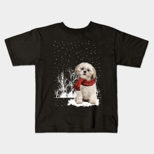 Christmas Shih Tzu With Scarf In Winter Forest Kids T-Shirt